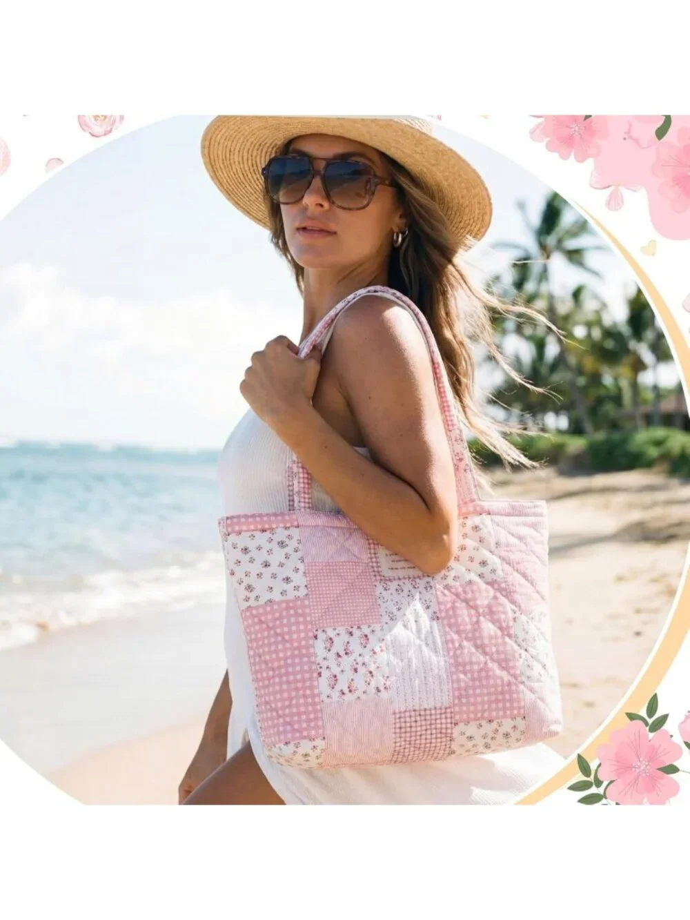 Floral Quilted Bag Set - 3 Pcs Cotton Shoulder Bags & Makeup Pouch for Travel